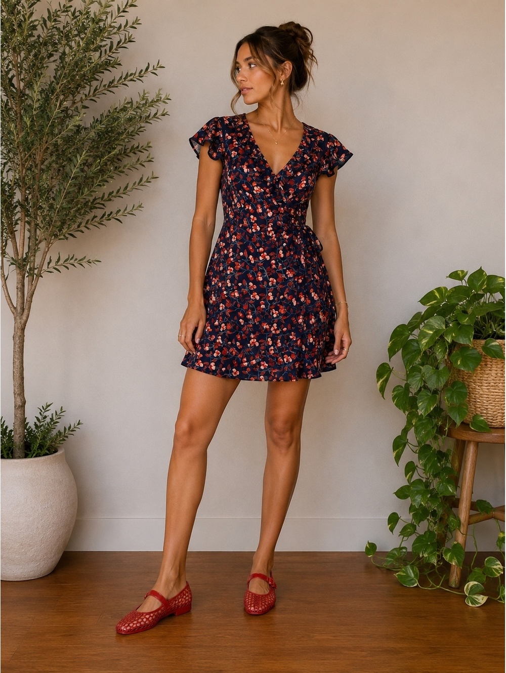 Anthropologie Hi There Cherry Print Wrap Dress Size 0 Ruffle Sleeve
